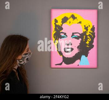 Bonhams, Londres, Royaume-Uni. 22 mars 2021. Aperçu de la vente d'art contemporain et d'après-guerre qui aura lieu le 24 mars. Image: Sturtevant (1924-2014), Etude pour Marilyn de Warhol, 1965, estimation: £120,000-180,000. L'artiste américain Elaine Surtevant a créé des copies inexactes, ou reproductions, d'autres artistes travaillent avec leur collaboration et a été qualifié dans la peinture, la photographie, la sculpture et la réalisation de films. Crédit : Malcolm Park/Alay Live News Banque D'Images