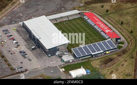 Vue aérienne du stade AJ Bell (terrain de rugby) à Barton, Eccles, Manchester Banque D'Images