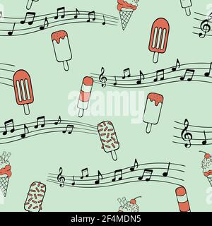 Motif vectoriel transparent avec crème glacée et notes de musique sur fond bleu. Joli papier peint à motif aliments sucrés. Illustration de Vecteur