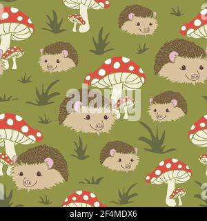 Motif vectoriel sans couture avec hérissons et champignons sur fond vert. Joli papier peint animal pour les enfants. Illustration de Vecteur