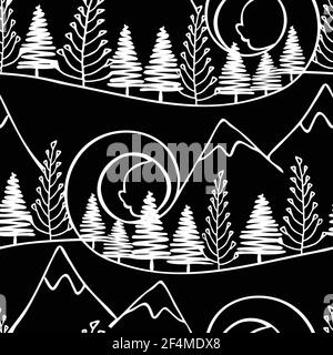 Motif vectoriel sans couture avec forêt d'hiver sur fond noir. Papier peint style art au format paysage. Textile de montagne artistique. Illustration de Vecteur