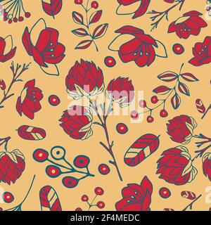 Motif vectoriel sans couture avec fleurs rouges et baies sur fond rose clair. Papier peint vintage à motif fleuri romantique. Illustration de Vecteur