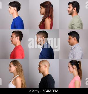 Vue de profil collage des personnes sur l'arrière-plan du studio Banque D'Images