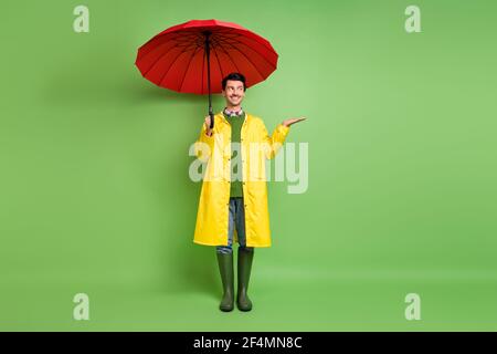 Vue sur toute la longueur de la taille du corps d'un joli gars gai portant imperméable vérifiant la pluie goutte isolée sur fond vert vif Banque D'Images