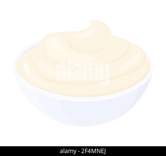Mayonnaise dessin animé dans un petit bol rond. Sauce crémeuse isolée sur fond blanc, vue latérale.Condiment en ramequin illustration vectorielle. Illustration de Vecteur