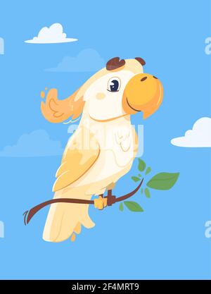 vector australian cockatoo assis sur une branche. Perroquet lumineux drôle, le ciel bleu et les nuages. Joli oiseau de personnage, illustration dans un style plat. Arrière-plan isolé Illustration de Vecteur