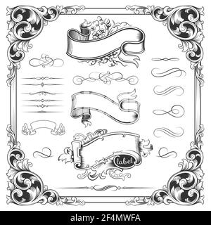 Cadres et bordures vintage sur fond blanc. Ensemble rétro d'icônes pour l'invitation - carte de félicitations et de vœux. Illustration vectorielle. Illustration de Vecteur