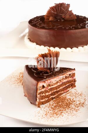 Un gâteau au chocolat stylisé et un morceau de ce gâteau devant lui. Banque D'Images