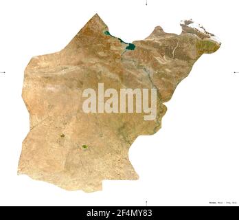 Ninawa, province d'Iraq. Imagerie satellite Sentinel-2. Forme isolée sur solide blanc. Description, emplacement de la capitale. Contient Coperni modifié Banque D'Images