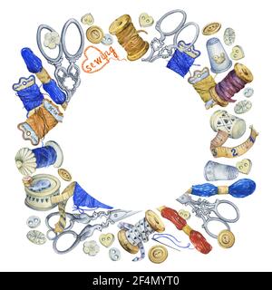 Cadre rond avec divers objets vintage pour la couture, l'artisanat et la main. Illustration aquarelle peinte à la main isolée sur fond blanc. Banque D'Images
