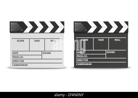 Vector 3d Realistic Closed film blanc et noir Clap Board Icon Set gros plan isolé sur fond blanc. Modèle de conception de Clapperboard Illustration de Vecteur