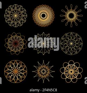Définir une répétition circulaire dorée. Kaléidoscope. Ornement est. Idéal pour les cartes de vœux et les invitations. Imprimer sur du tissu et du papier. Illustration de Vecteur