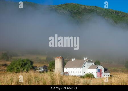 Morning brumeux à la ferme historique McPolin alias Osguthorpe Farm à Park City, Utah, États-Unis Banque D'Images