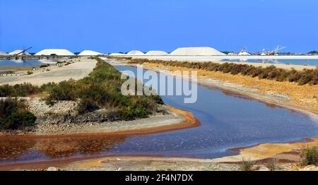 Marais salants et tas de sel récoltés Banque D'Images