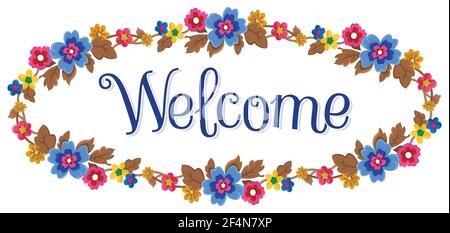 Cadre floral de bienvenue de forme ovale. Les couleurs utilisées dans la couronne sont le vert - bleu - rose - jaune et marron. Illustration vectorielle. Illustration de Vecteur