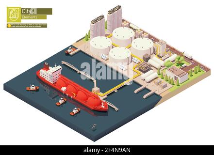 Transport de navires de transport de GNL isométrique Vector dans un terminal de GNL Illustration de Vecteur