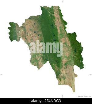 Bago, division du Myanmar. Imagerie satellite Sentinel-2. Forme isolée sur solide blanc. Description, emplacement de la capitale. Contient une opération modifiée Banque D'Images