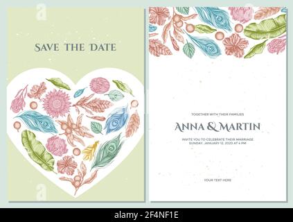 Carte d'invitation à un mariage avec feuilles de banane pastel, hibiscus, solanum, broméliade, plumes de paon, protea Illustration de Vecteur