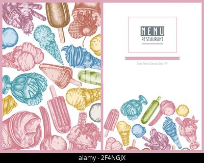 Couverture de menu avec bols de crème glacée pastel, seau de crème glacée, crème glacée à la popsicle, cônes de crème glacée, cuillère à glace, boules de crème glacée Illustration de Vecteur