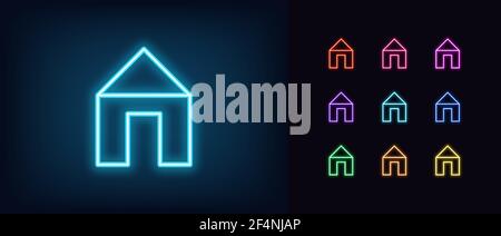 Icône d'accueil néon. Panneau lumineux au néon pour la maison, contour de la maison dans des couleurs vives. Assurance immobilière, réservation d'appartement, location et location de chalet. Jeu d'icônes, SIG Illustration de Vecteur