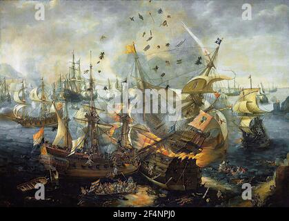 Hendrick Cornelisz Vroom - explosion vaisseau amiral espagnol pendant la bataille de Gibraltar 25 avril 1607 attribué quelques Hendrick Cornelisz Vroom Banque D'Images