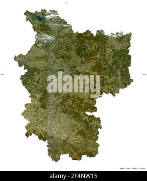 Minsk, région du Bélarus. Imagerie satellite Sentinel-2. Forme isolée sur solide blanc. Description, emplacement de la capitale. Contient Coperni modifié Banque D'Images