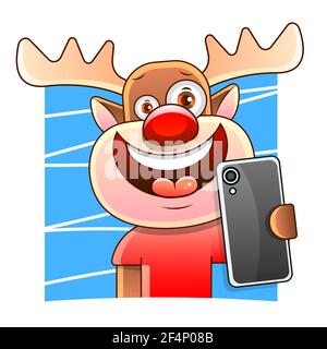 Cerf drôle dans un foulard et chapeau prend des photos avec votre téléphone. Motif autocollant pour enfants Vector sur fond blanc isolé. Pour bannières et cartes postales. Illustration de Vecteur