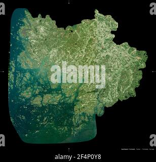 Sud-ouest de la Finlande, région de la Finlande. Imagerie satellite Sentinel-2. Forme isolée sur noir. Description, emplacement de la capitale. Contient le C modifié Banque D'Images