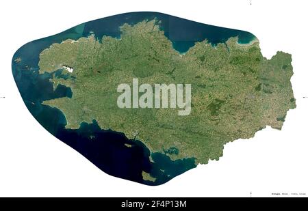 Bretagne, région de France. Imagerie satellite Sentinel-2. Forme isolée sur blanc. Description, emplacement de la capitale. Contient Copernic modifié Banque D'Images