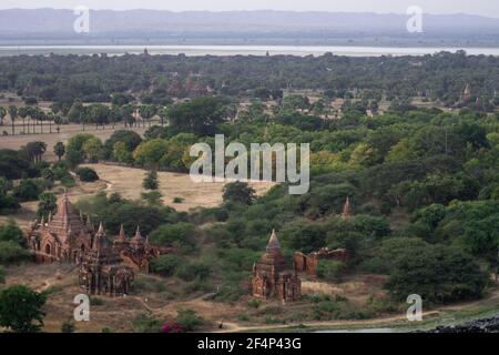 BAGAN, NYAUNG-U, MYANMAR - 3 JANVIER 2020 : vue sur les vastes plaines de Bagan avec ses temples historiques et ses champs du grand Nan Myint Banque D'Images