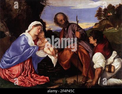 Tiziano Vecelli ou Vecellio a.k.a Titien - Sainte famille avec Berger C 1510 Banque D'Images