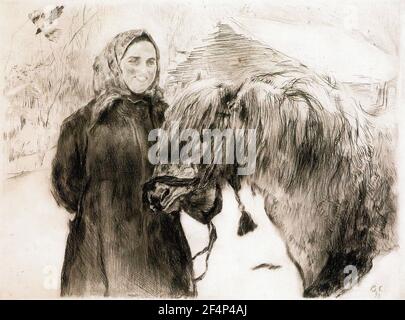 Valentin Serov - dans le village paysan femme avec cheval 1899 Banque D'Images