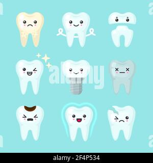 Ensemble de jolies dents colorées avec des émotions différentes. Différentes conditions de dent Illustration de Vecteur