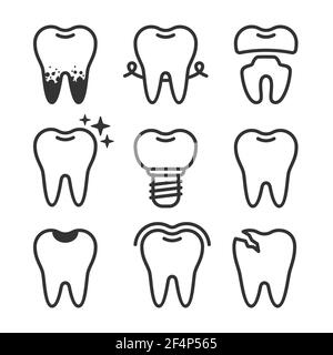 Ensemble de motifs stylées de dents mignons avec différentes conditions de dents Illustration de Vecteur