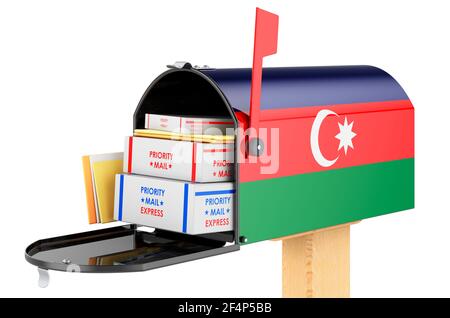Boîte aux lettres avec drapeau azerbaïdjanais avec colis, enveloppes à l'intérieur. Expédition en Azerbaïdjan, concept. Rendu 3D isolé sur fond blanc Banque D'Images