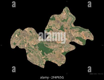 Soldanesti, district de Moldova. Imagerie satellite Sentinel-2. Forme isolée sur noir. Description, emplacement de la capitale. Contient une opération modifiée Banque D'Images