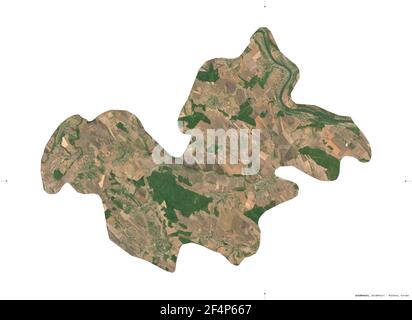 Soldanesti, district de Moldova. Imagerie satellite Sentinel-2. Forme isolée sur blanc. Description, emplacement de la capitale. Contient une opération modifiée Banque D'Images