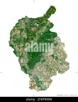 Bratislava, région de Slovaquie. Imagerie satellite Sentinel-2. Forme isolée sur blanc. Description, emplacement de la capitale. Contient le COPER modifié Banque D'Images