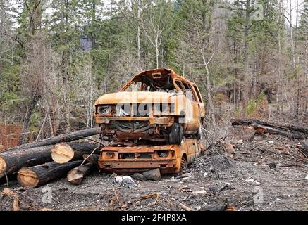 Les vestiges chargés du petit village de Blue River, Oregon, suite au feu de forêt de Holiday Farm qui a balayé la vallée de la rivière McKenzie Banque D'Images