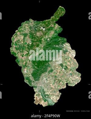 Bratislava, région de Slovaquie. Imagerie satellite Sentinel-2. Forme isolée sur noir. Description, emplacement de la capitale. Contient le COPER modifié Banque D'Images