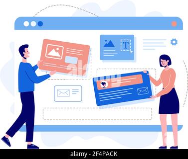 Concept de développement de site Web. Réseau social. Modèle de page d'arrivée conçu par homme et femme. Appartement, design moderne. Illustration vectorielle. Illustration de Vecteur