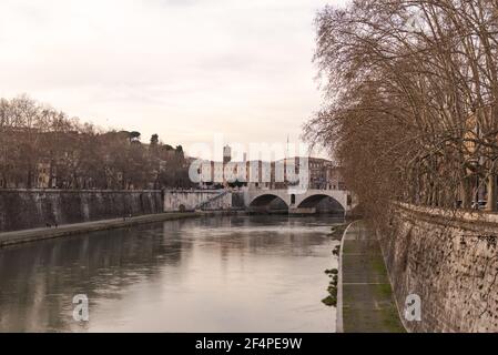 Rome. Italie. Printemps 2020. Remblais romains de printemps. Les gens marchent le long du remblai. Les branches des platanes se plient au-dessus de la rivière Tiber Banque D'Images