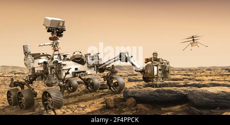 Mars Rover persévérance et ingéniosité hélicoptère drone.éléments de cette image Fourni par l'illustration 3D de la NASA Banque D'Images