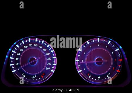 L'illustration 3D du tableau de bord de la voiture est éclairée par un éclairage lumineux. Indicateur de vitesse circulaire, compte-tours de couleur violet fluo Banque D'Images