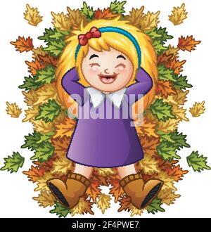 Illustration vectorielle d'une petite fille heureuse jouant avec des feuilles d'automne Illustration de Vecteur