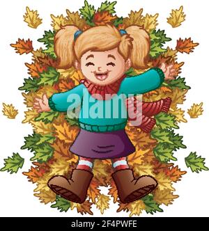 Illustration vectorielle d'une petite fille heureuse jouant avec des feuilles d'automne Illustration de Vecteur