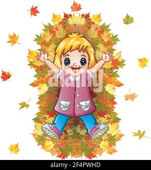 Illustration vectorielle d'une petite fille heureuse jouant avec des feuilles d'automne Illustration de Vecteur