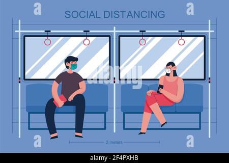 Illustration des passagers dans les masques faciaux sur les transports publics avec distanciation sociale Banque D'Images