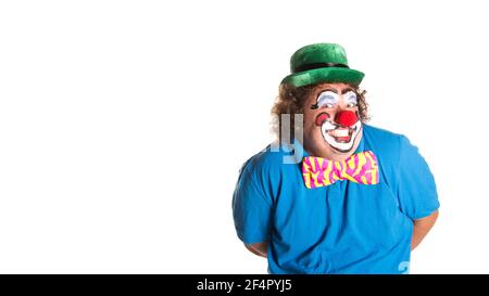 Vacances. Clown gras drôle. Arrière-plan blanc. Banque D'Images