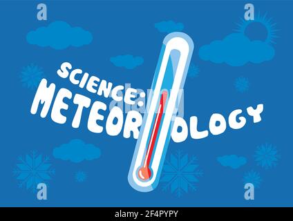 Illustration vectorielle caricature alcool thermomètre avec texte blanc Science météorologie isolée sur fond bleu avec des éléments météorologiques de la nature. Illustration de Vecteur